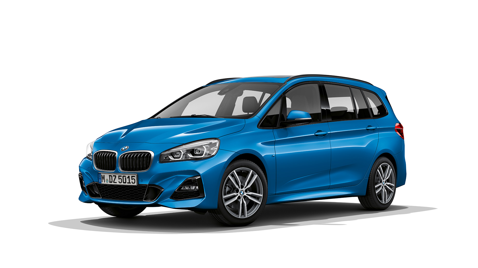 BMW Série 2 Gran Tourer 220d xDrive, Modèle M Sport F46 restylage 2018 Misano Blau metallic, vue de trois quarts avant